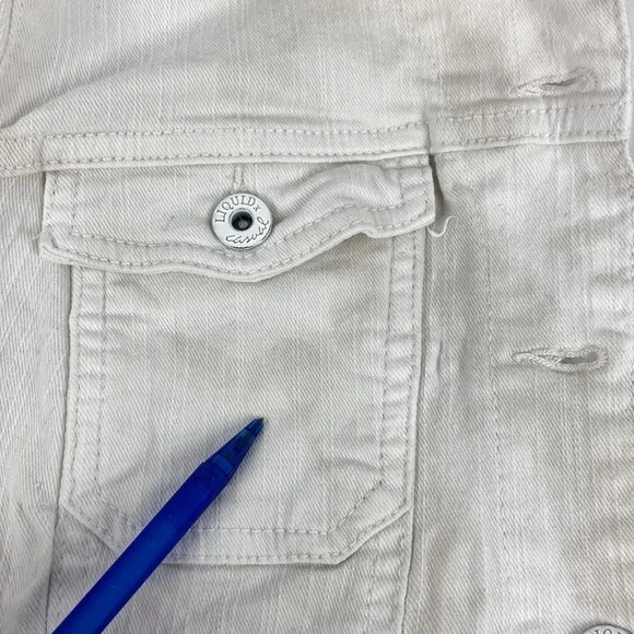2/$25White button up fitted white denim  cropped Y2K mini jean jacket sz medium - Picture 15 of 17
